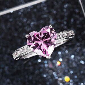 Women's 925 Sterling Silver Shiny Full Diamond Heart-Shaped Pink Gemstone Ring